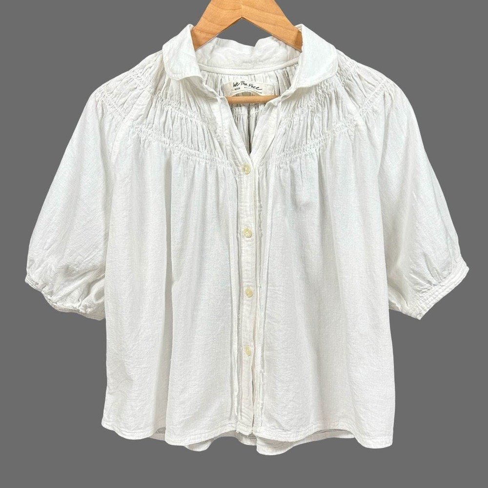 Free People We The Free Ryan Blouse M White Cotton Linen Smocked Puff Sleeve